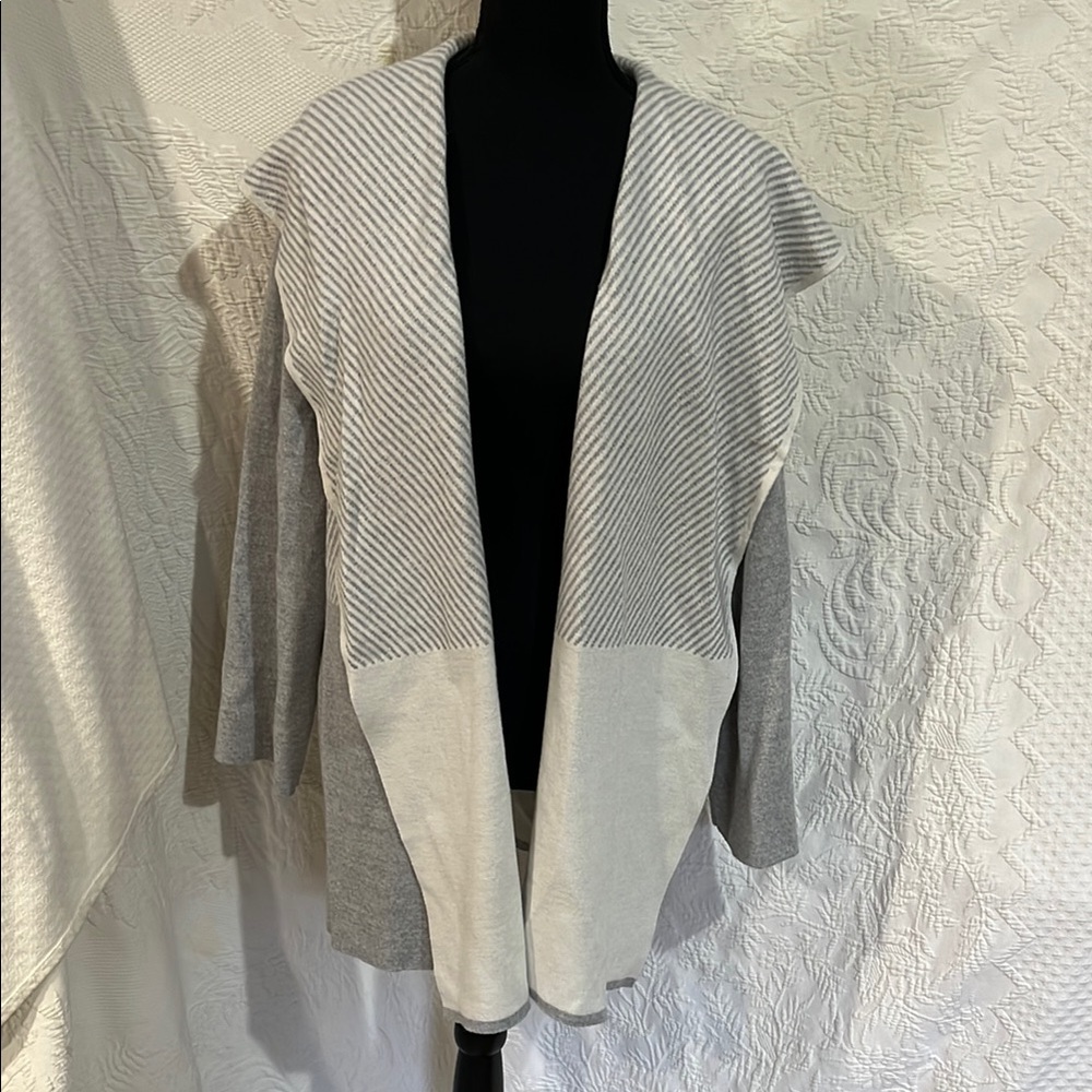 Gray and White Open Front Cardigan Sweater
